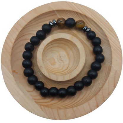 Bracelet Extensible en Pierres Naturelles - Lave Noire et Œil de Tigre - Litho Natura