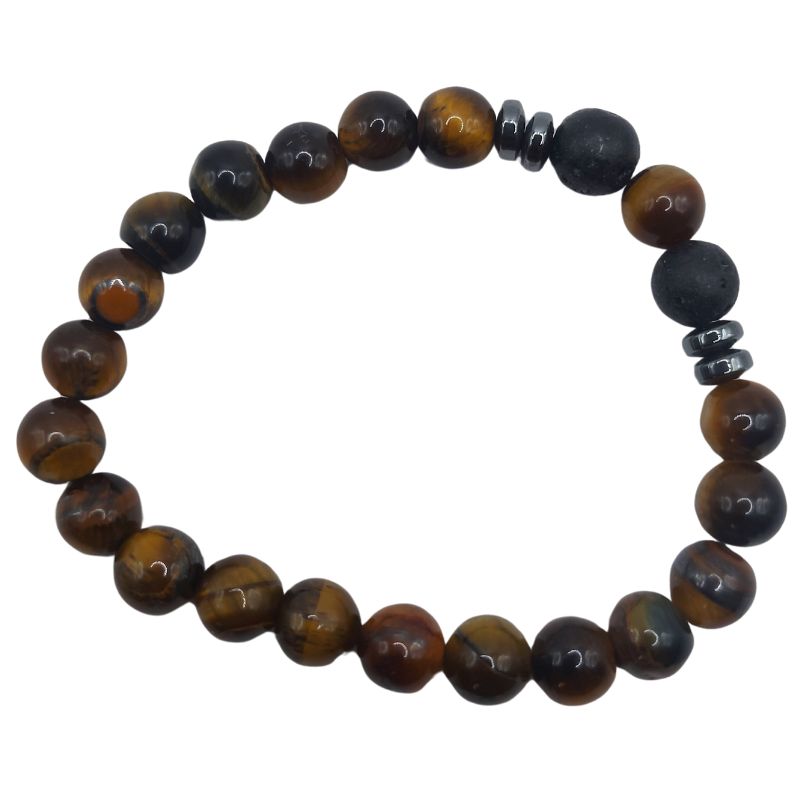 Bracelet Extensible en Pierres Naturelles - Œil de Tigre et Pierre Noire - Litho Natura