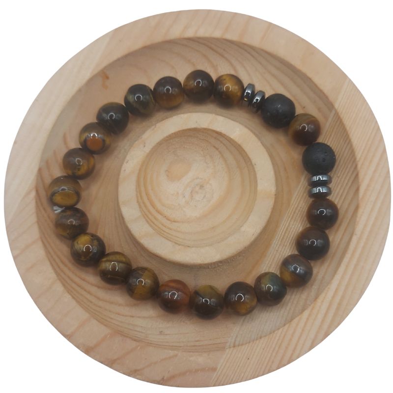 Bracelet Extensible en Pierres Naturelles - Œil de Tigre et Pierre Noire - Litho Natura