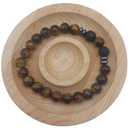 Bracelet Extensible en Pierres Naturelles - Œil de Tigre et Pierre Noire - Litho Natura