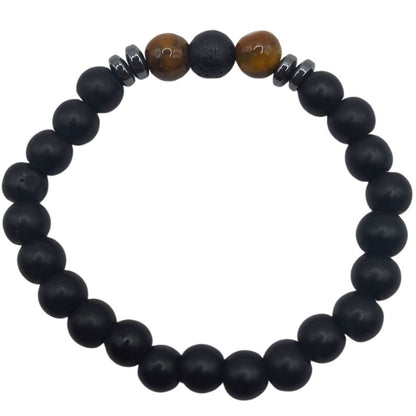 Bracelet Extensible en Pierres Naturelles - Lave Noire et Œil de Tigre - Litho Natura