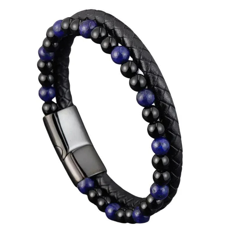 Bracelet en Cuir Tressé Double Rang en Lapis Lazuli - Litho Natura