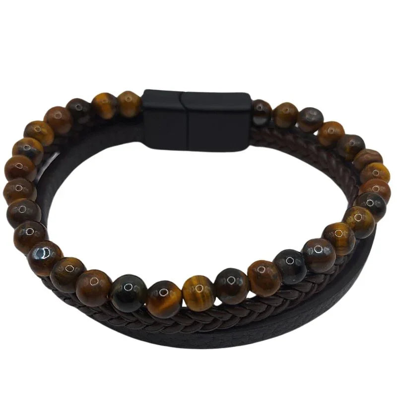 Bracelet en cuir tressé en Oeil de tigre - Litho Natura