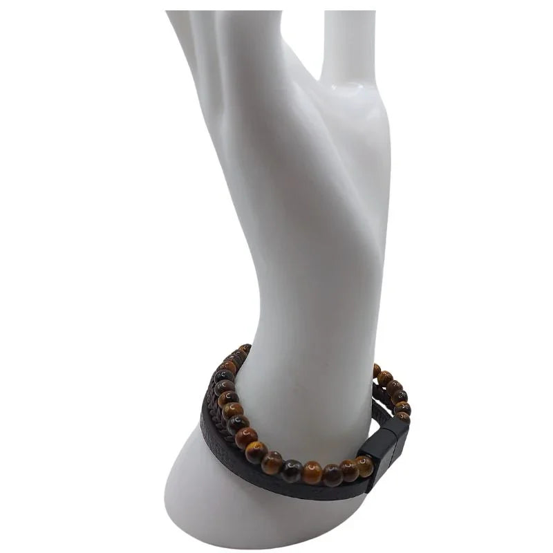 Bracelet en cuir tressé en Oeil de tigre - Litho Natura