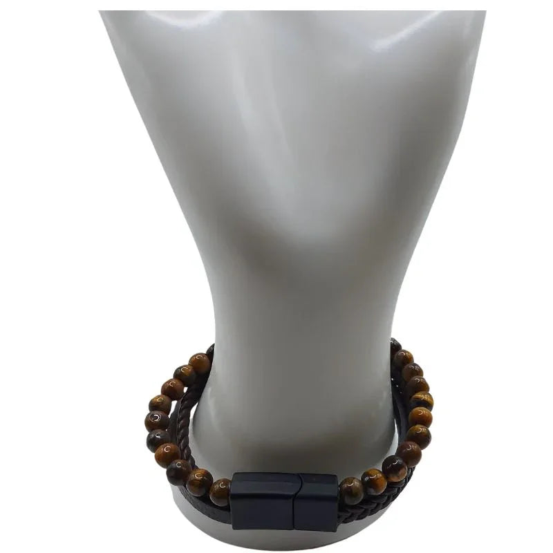 Bracelet en cuir tressé en Oeil de tigre - Litho Natura