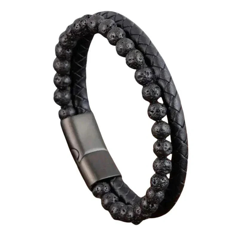 Bracelet en cuir tressé en Pierre de Lave Noire - Litho Natura