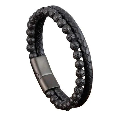 Bracelet en cuir tressé en Pierre de Lave Noire - Litho Natura