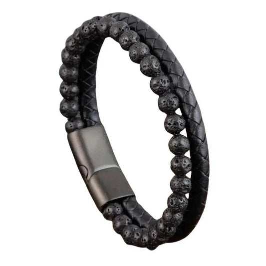 Bracelet en cuir tressé en Pierre de Lave Noire - Litho Natura