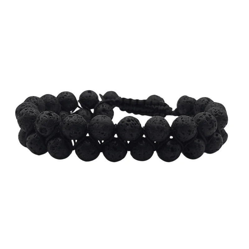 Shamballa Lave Noir - Bracelet Double Rang Ajustable - Litho Natura