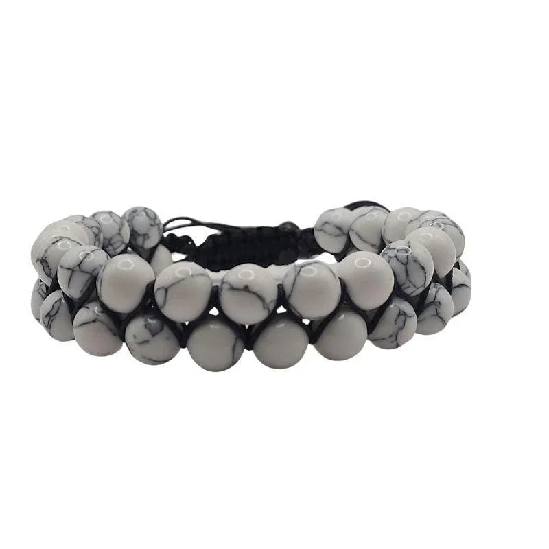 Shamballa Howlite Blanche - Bracelet Double Rang Ajustable - Litho Natura
