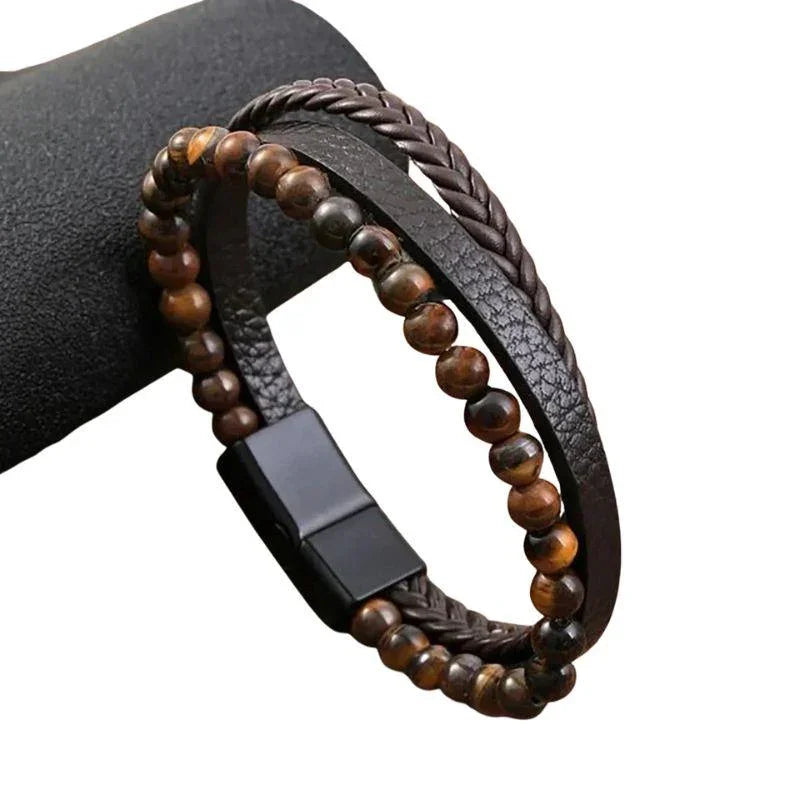 Bracelet en cuir tressé en Oeil de tigre - Litho Natura