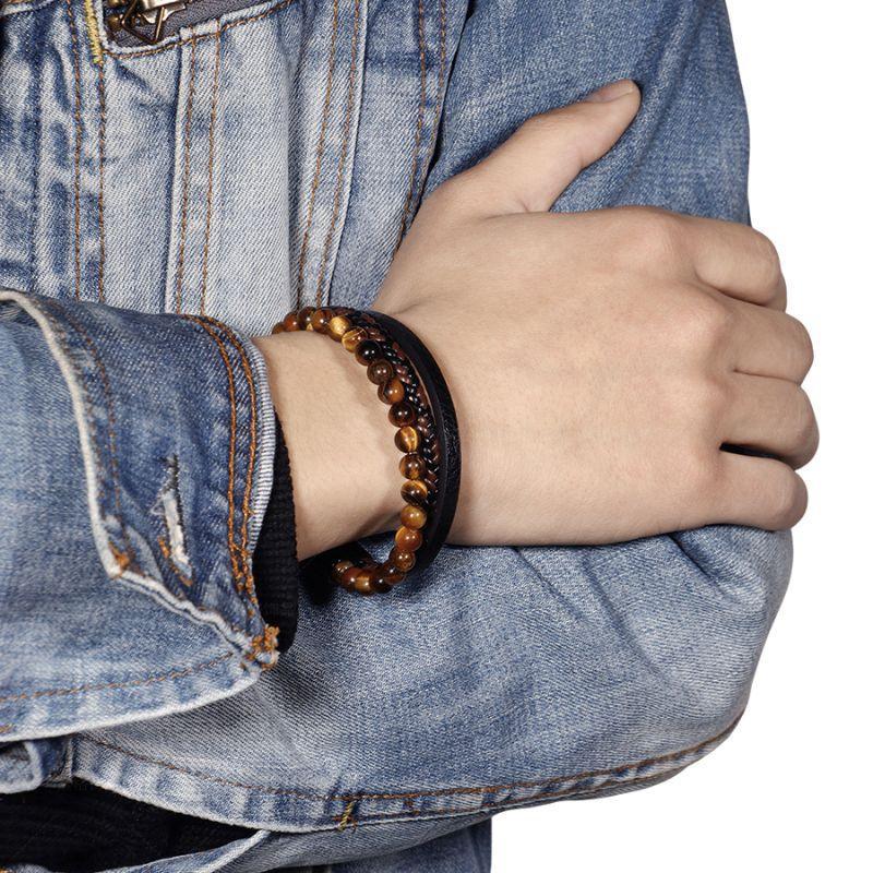 Bracelet en cuir tressé en Oeil de tigre - Litho Natura