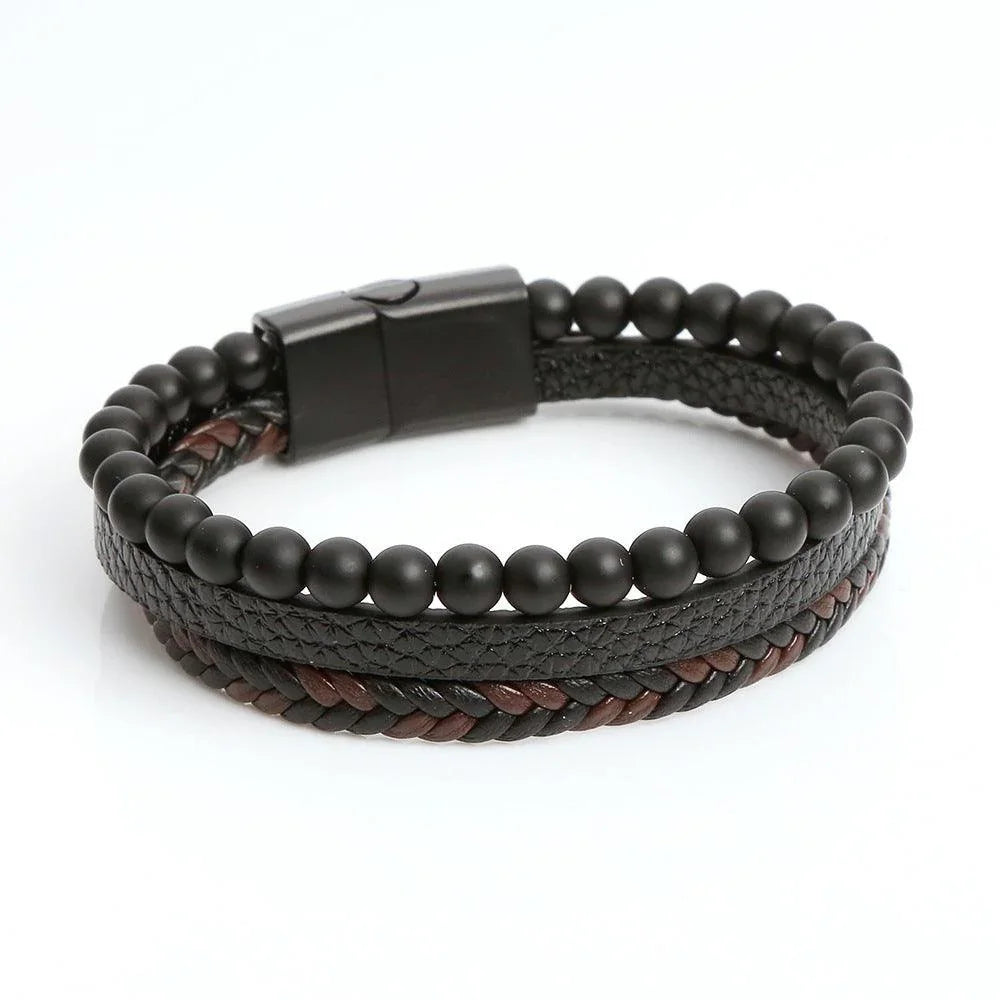 Bracelet en cuir tressé en Obsidienne - Litho Natura