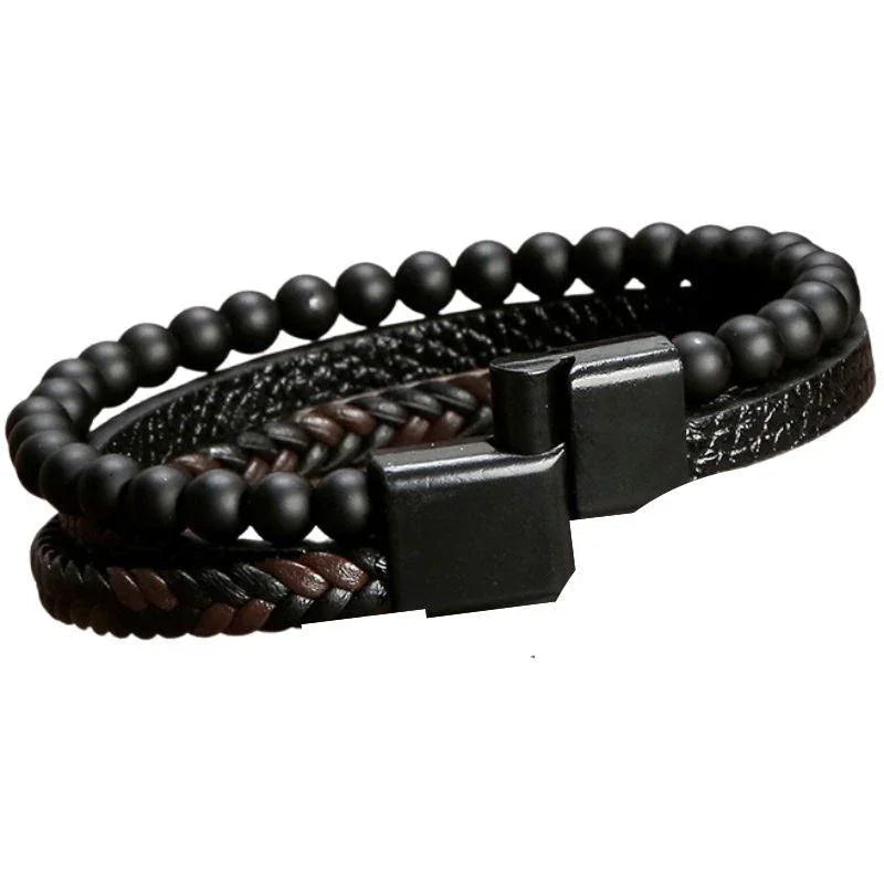 Bracelet en cuir tressé en Obsidienne - Litho Natura