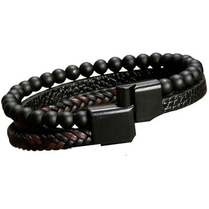 Bracelet en cuir tressé en Obsidienne - Litho Natura