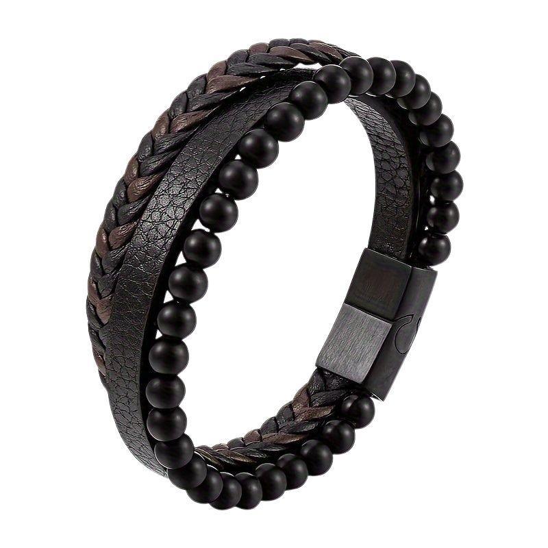 Bracelet en cuir tressé en Obsidienne - Litho Natura