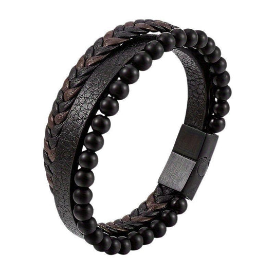 Bracelet en cuir tressé en Obsidienne - Litho Natura