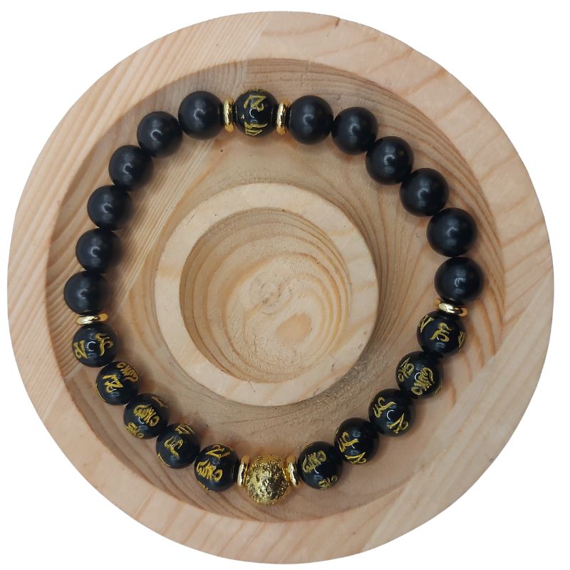 Bracelet de Perles Om Mani Padme Hum - Obsidienne Naturelle, Pierre de Lave et Bois - Litho Natura