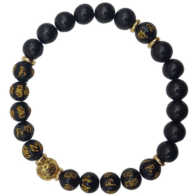 Bracelet de Perles Om Mani Padme Hum - Obsidienne Naturelle, Pierre de Lave et Bois - Litho Natura