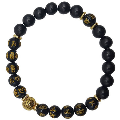 Bracelet de Perles Om Mani Padme Hum - Obsidienne Naturelle, Pierre de Lave et Bois - Litho Natura