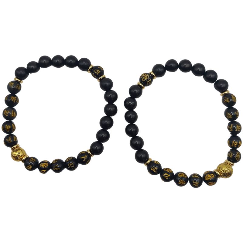 Bracelet de Perles Om Mani Padme Hum - Obsidienne Naturelle, Pierre de Lave et Bois - Litho Natura