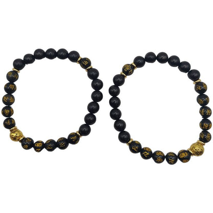 Bracelet de Perles Om Mani Padme Hum - Obsidienne Naturelle, Pierre de Lave et Bois - Litho Natura