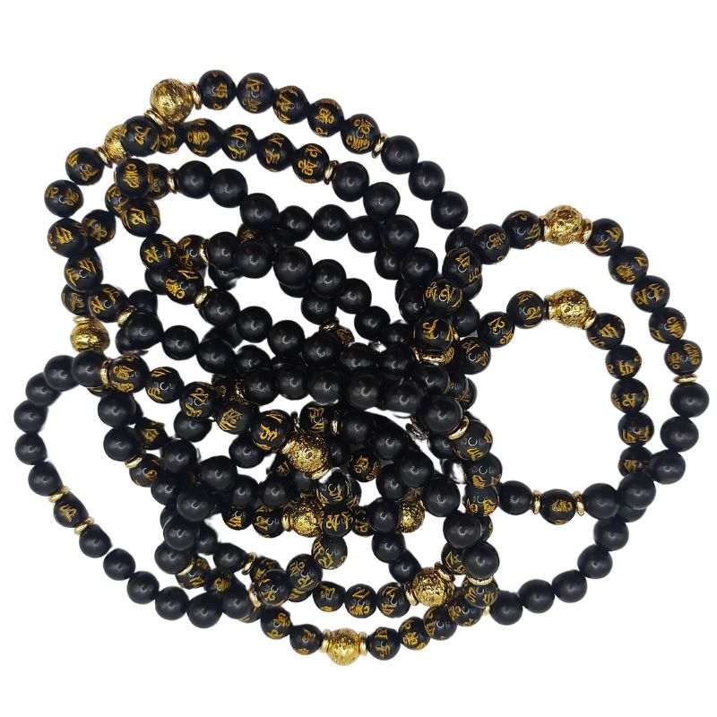 Bracelet de Perles Om Mani Padme Hum - Obsidienne Naturelle, Pierre de Lave et Bois - Litho Natura