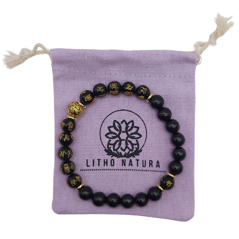 Bracelet de Perles Om Mani Padme Hum - Obsidienne Naturelle, Pierre de Lave et Bois - Litho Natura