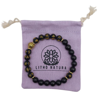 Bracelet de Perles Om Mani Padme Hum - Obsidienne Naturelle, Pierre de Lave et Bois - Litho Natura