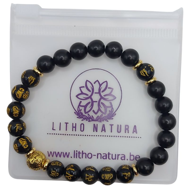 Bracelet de Perles Om Mani Padme Hum - Obsidienne Naturelle, Pierre de Lave et Bois - Litho Natura