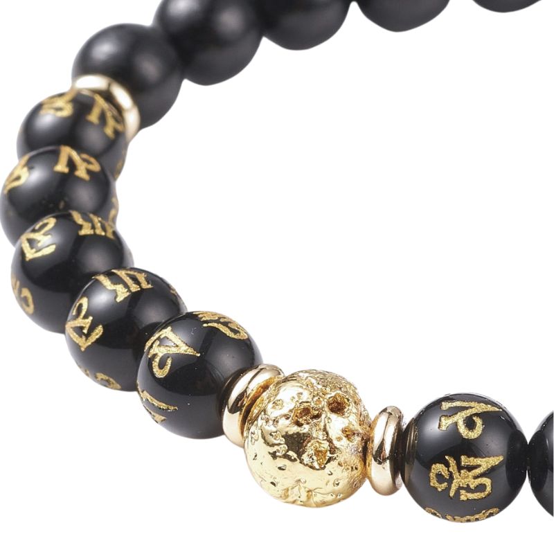 Bracelet de Perles Om Mani Padme Hum - Obsidienne Naturelle, Pierre de Lave et Bois - Litho Natura
