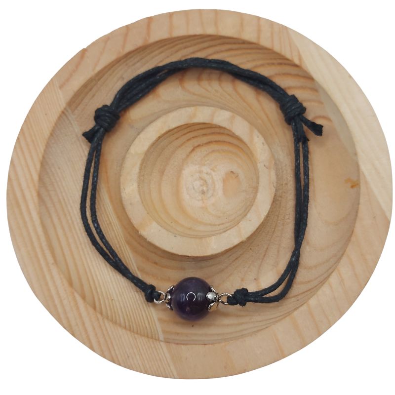 Bracelet en Corde Ajustable avec Pierre Ronde - Améthyste - Litho Natura