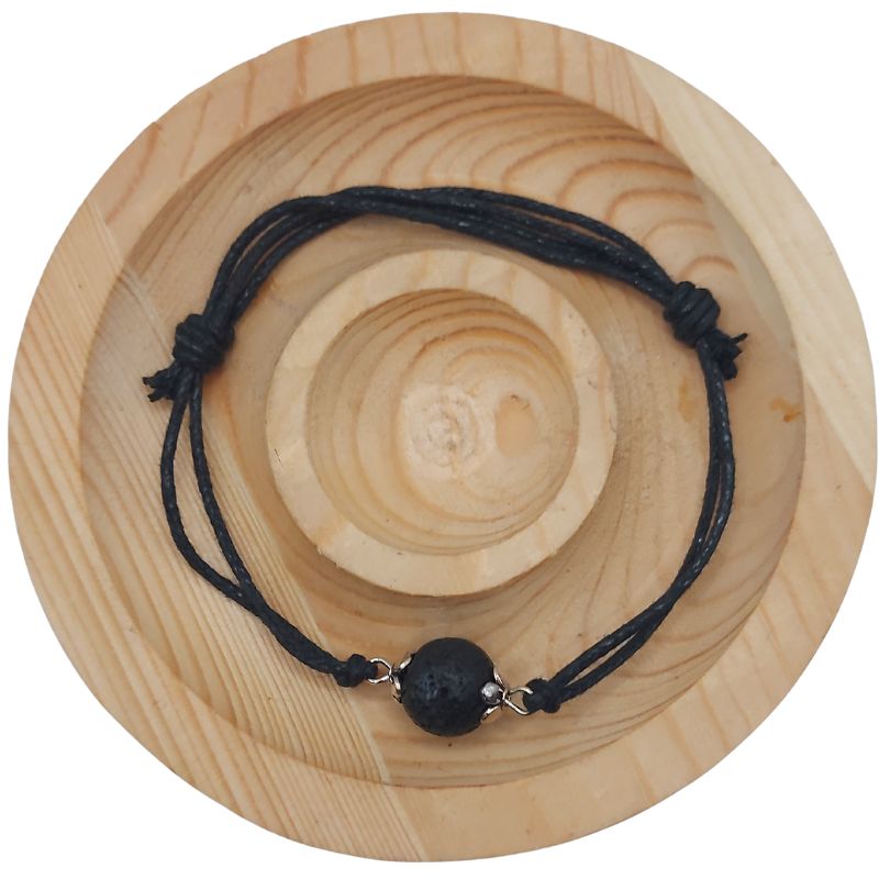 Bracelet en Corde Ajustable avec Pierre Ronde - Pierre de Lave Noire - Litho Natura