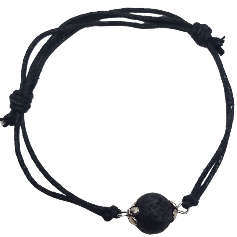 Bracelet en Corde Ajustable avec Pierre Ronde - Pierre de Lave Noire - Litho Natura