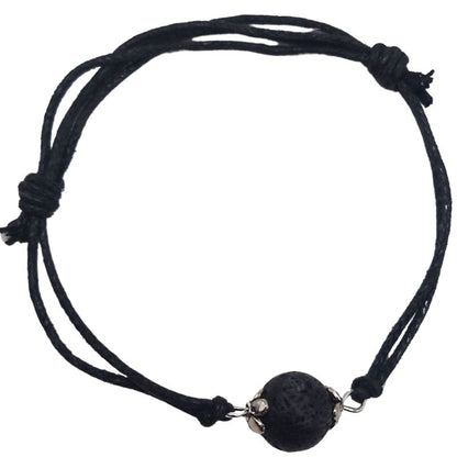 Bracelet en Corde Ajustable avec Pierre Ronde - Pierre de Lave Noire - Litho Natura