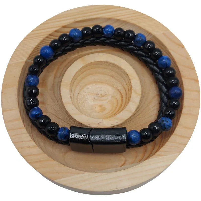 Bracelet en Cuir Tressé Double Rang en Lapis Lazuli - Litho Natura