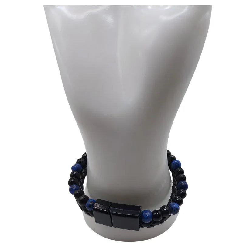Bracelet en Cuir Tressé Double Rang en Lapis Lazuli - Litho Natura