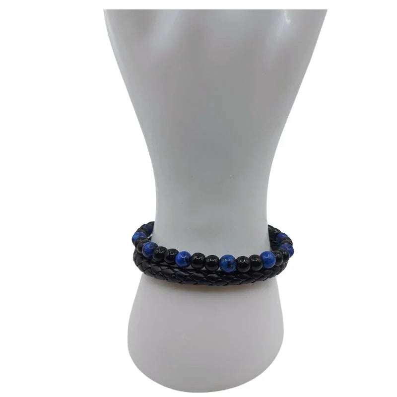 Bracelet en Cuir Tressé Double Rang en Lapis Lazuli - Litho Natura