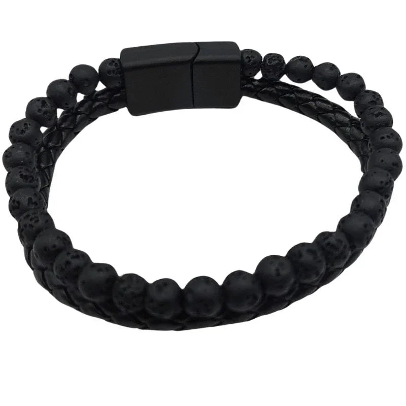 Bracelet en cuir tressé en Pierre de Lave Noire - Litho Natura