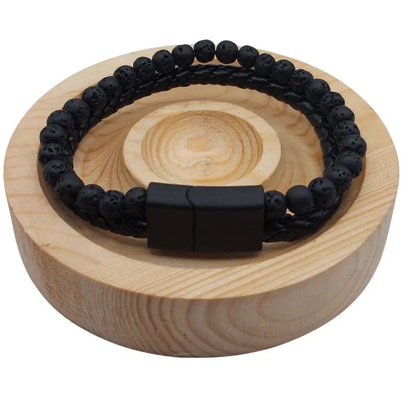 Bracelet en cuir tressé en Pierre de Lave Noire - Litho Natura