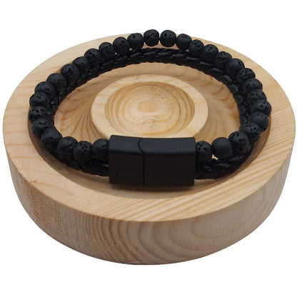 Bracelet en cuir tressé en Pierre de Lave Noire - Litho Natura