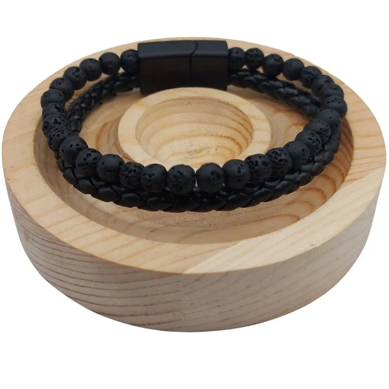 Bracelet en cuir tressé en Pierre de Lave Noire - Litho Natura