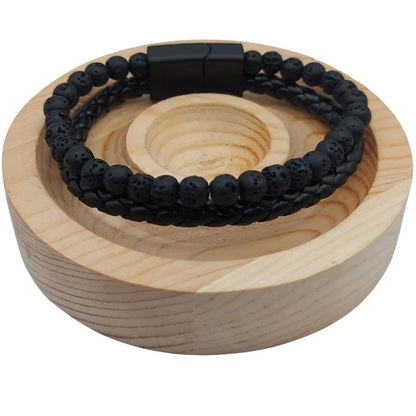Bracelet en cuir tressé en Pierre de Lave Noire - Litho Natura