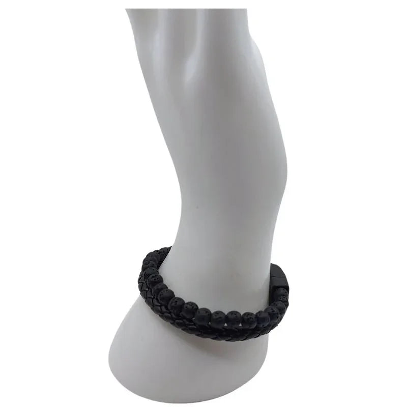 Bracelet en cuir tressé en Pierre de Lave Noire - Litho Natura