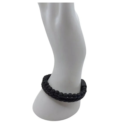 Bracelet en cuir tressé en Pierre de Lave Noire - Litho Natura