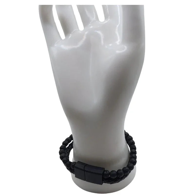Bracelet en cuir tressé en Pierre de Lave Noire - Litho Natura