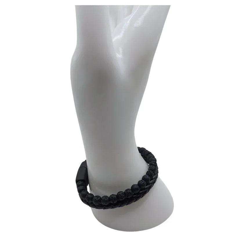 Bracelet en cuir tressé en Pierre de Lave Noire - Litho Natura
