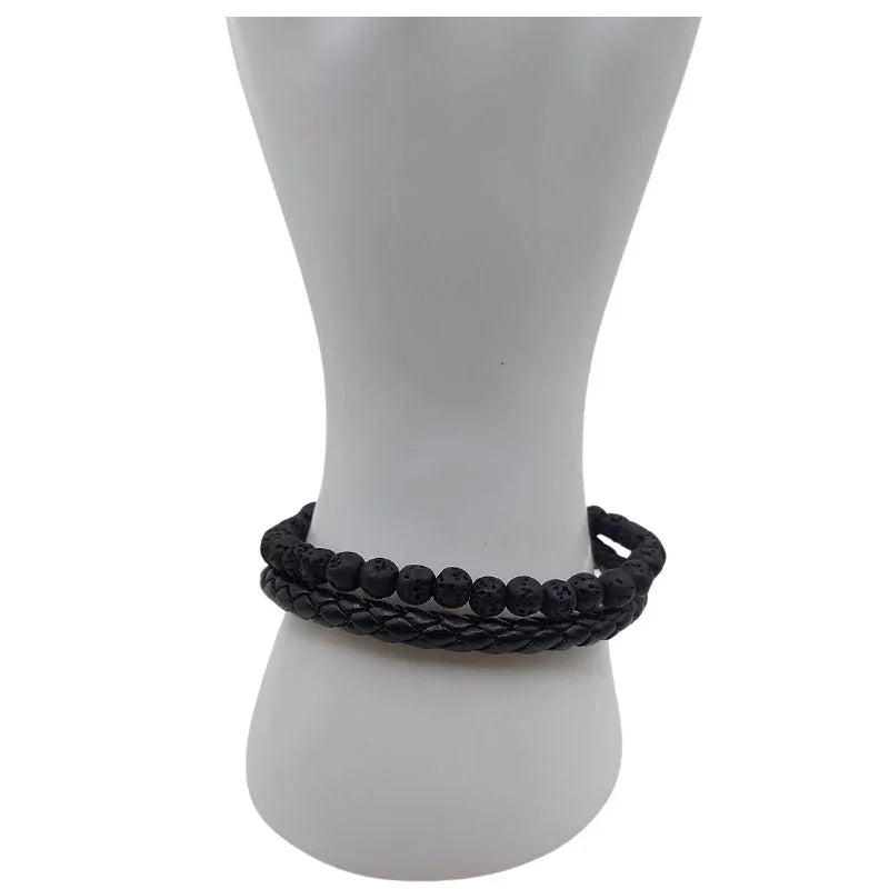 Bracelet en cuir tressé en Pierre de Lave Noire - Litho Natura