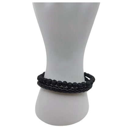 Bracelet en cuir tressé en Pierre de Lave Noire - Litho Natura