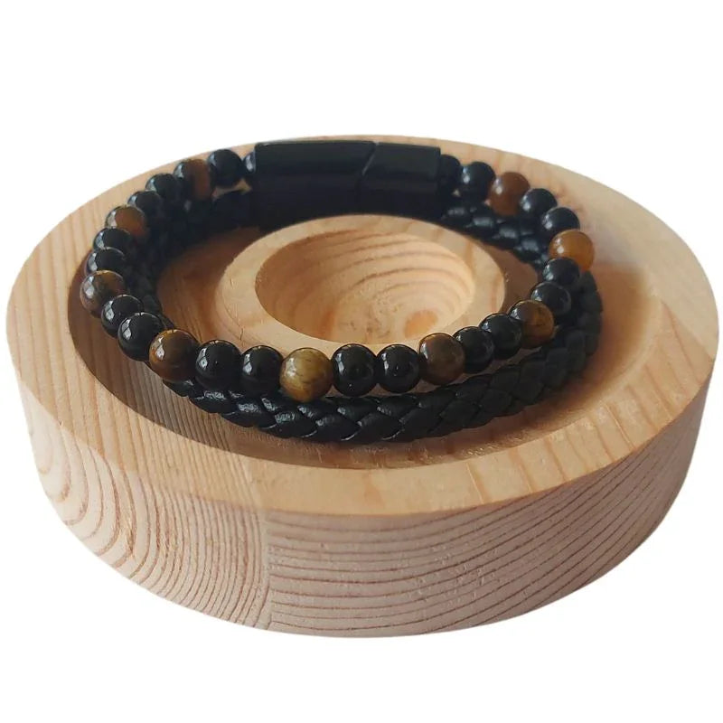 Bracelet en Cuir Tressé Œil de Tigre et Obsidienne - Litho Natura